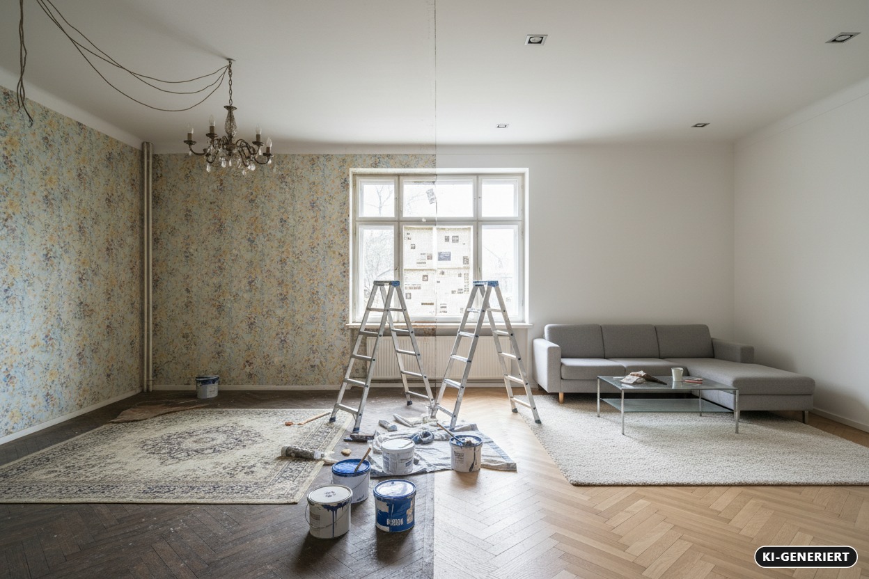 KI-generiert: Ein Wohnzimmer im Umbau, bei dem die linke Seite noch mit alter Tapete und dunklem Boden versehen ist, während die rechte Seite bereits renoviert und modern eingerichtet wurde.